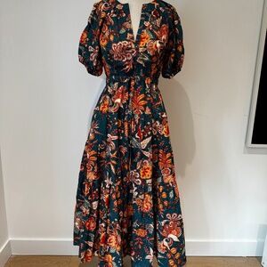 Ulla Johnson Floral Midi Dress – Teal Multicolor Boho Puff Sleeve Dress